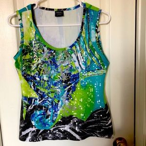 multi coloured, sequins on front, stretch material cotton spandex polyester